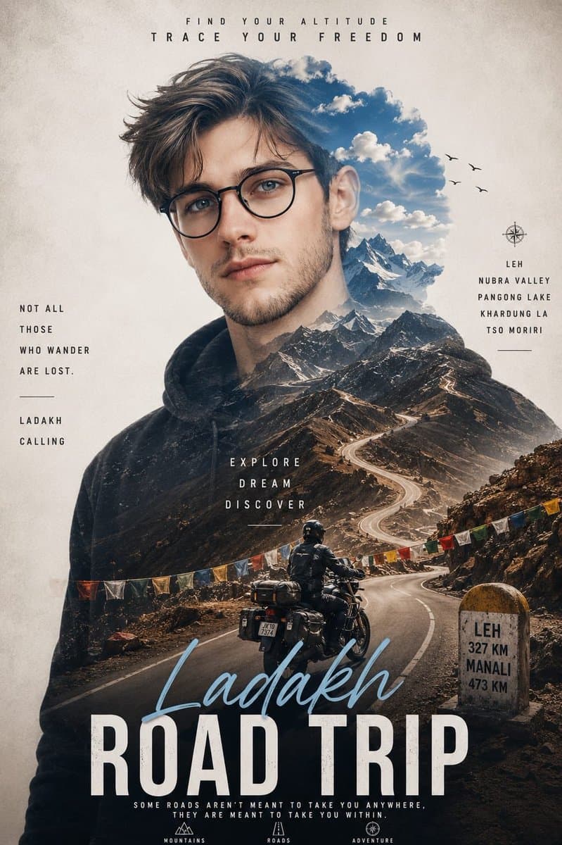 双重曝光拉达克公路旅行海报 preview image 1