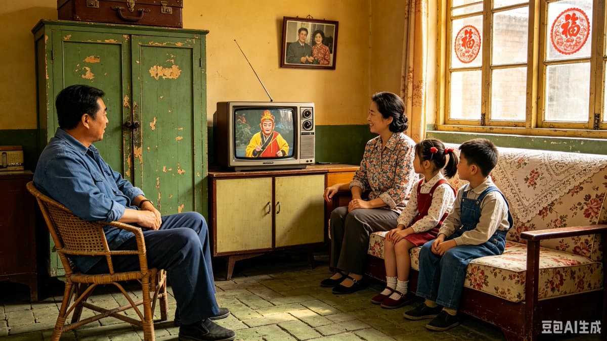 1980s Chinese Family Watching TV preview image 1