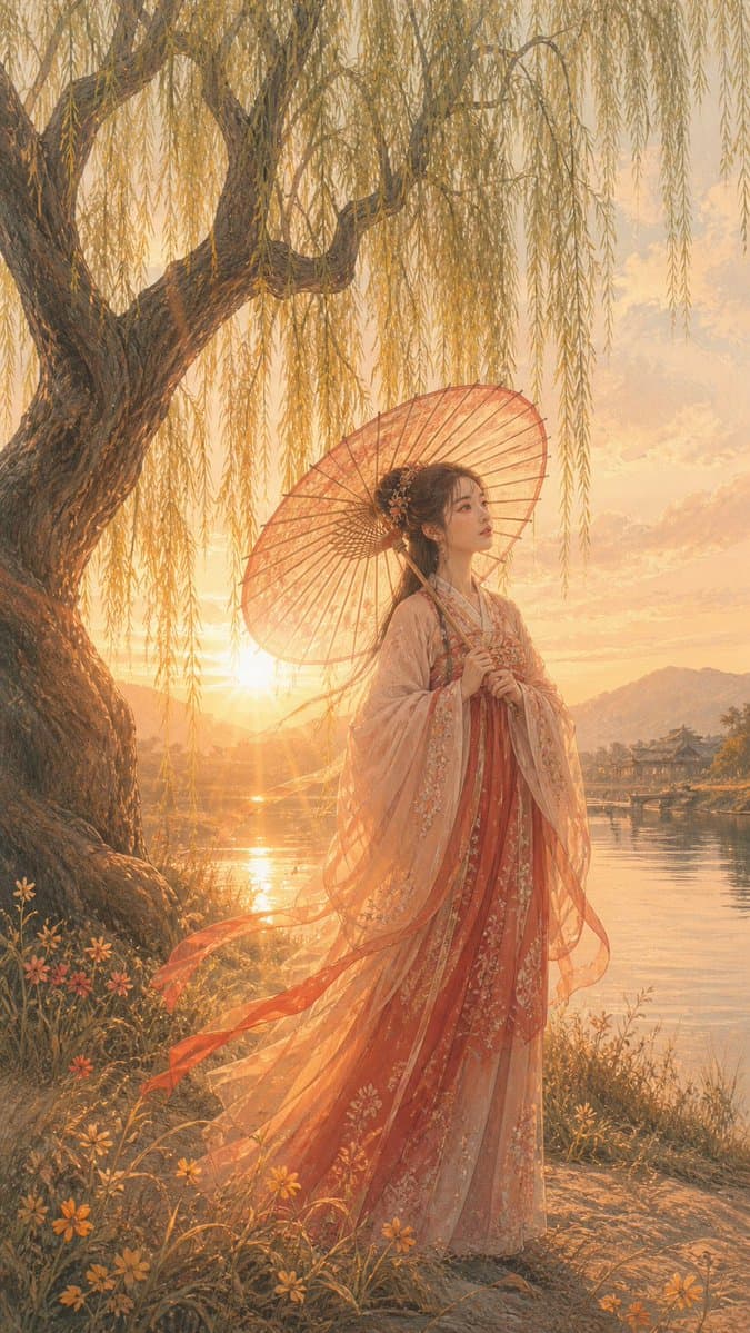Sunset Hanfu Willow Lakeside Portrait preview image 1