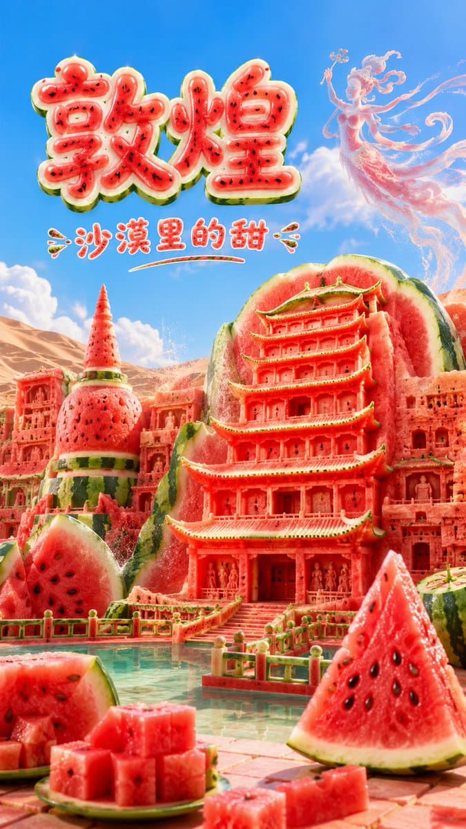 短文版提示词:
生成一张高传播感的 9:16 竖版「西瓜风格城市地标建筑」创意海报。
【用户输入】 preview image 1